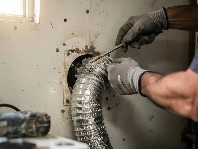 Rancho Palos Verdes Dryer Vent Cleaning technician performing precise dryer vent hose installation in Rancho Palos Verdes